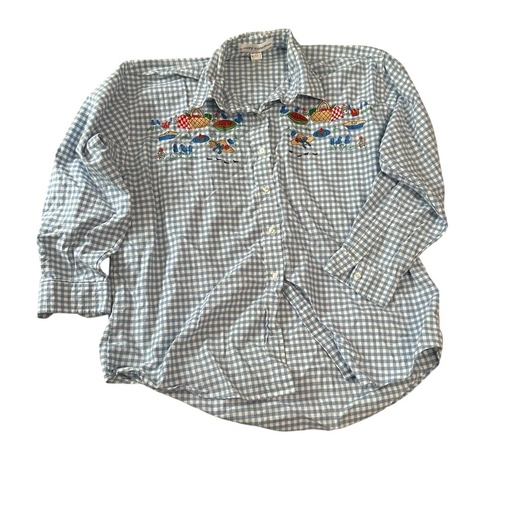 Blue Gingham Embroidered Button Down Shirt, pit to pit 25"